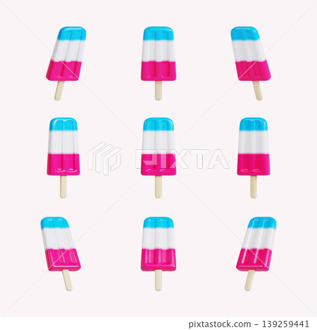 Bright popsicles sit in a grid on a light surface. Each popsicle has layers of blue, white, and pink colors. They suggest a fun and tasty option for summer snacks or events. Bright popsicles sit in a grid on a light surface. Each popsicle has layers of blue, white, and pink colors. They suggest a fun and tasty option for summer snacks or events. 139259441