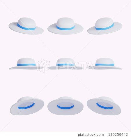 Several white hats with blue bands are displayed in a grid format, showing different angles of the hats. The background is plain and light, highlighting the hats' design. Several white hats with blue bands are displayed in a grid format, showing different angles of the hats. The background is plain and light, highlighting the hats' design. 139259442