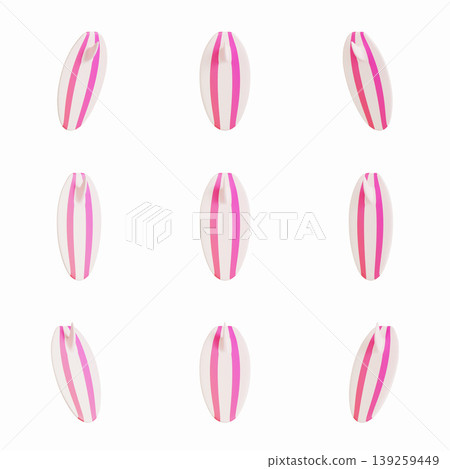 Nine surfboards with pink and white designs are arranged in a grid on a plain background. The boards are oriented vertically and show a simple pattern. Nine surfboards with pink and white designs are arranged in a grid on a plain background. The boards are oriented vertically and show a simple pattern. 139259449