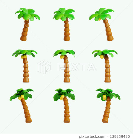 Nine palm trees are arranged in a grid pattern. Each tree has green leaves and a brown trunk. The setting is indoors under bright lighting. Nine palm trees are arranged in a grid pattern. Each tree has green leaves and a brown trunk. The setting is indoors under bright lighting. 139259450