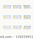 Nine colorful paper planes are arranged in a grid on a light background. Each plane has simple designs with light blue and yellow colors. This shows creativity and fun in artwork. 139259451