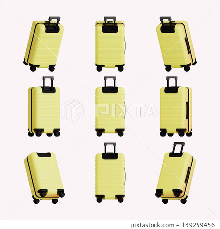 Multiple yellow suitcases are shown from different angles in a grid layout. Each suitcase has wheels and a pull handle. The setting is simple and clean. Multiple yellow suitcases are shown from different angles in a grid layout. Each suitcase has wheels and a pull handle. The setting is simple and clean. 139259456