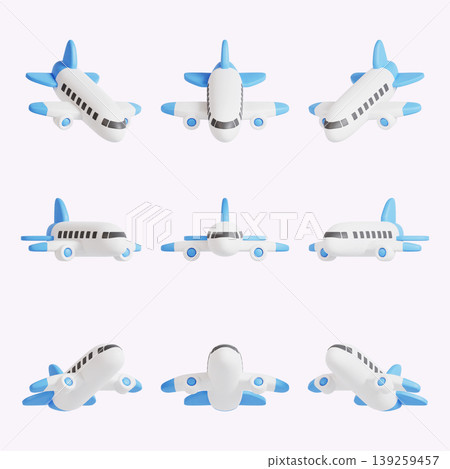 Nine toy airplanes are arranged in a grid. Each plane has a similar design but different angles and orientations. The blue and white planes are set against a light background. Nine toy airplanes are arranged in a grid. Each plane has a similar design but different angles and orientations. The blue and white planes are set against a light background. 139259457