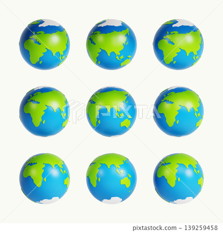 Nine small globes are arranged in a grid. Each globe displays different continents and oceans. The globes have green areas representing land and blue for oceans. 139259458
