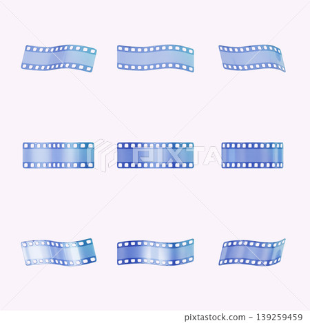 Multiple film strips are placed in a grid pattern on a light background. Each strip has a unique shape and design, suitable for various creative projects. Multiple film strips are placed in a grid pattern on a light background. Each strip has a unique shape and design, suitable for various creative projects. 139259459