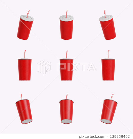Nine red drink cups are arranged in a grid pattern on a plain background. Each cup has a white lid and a straw, ready for serving beverages at a gathering or celebration. Nine red drink cups are arranged in a grid pattern on a plain background. Each cup has a white lid and a straw, ready for serving beverages at a gathering or celebration. 139259462