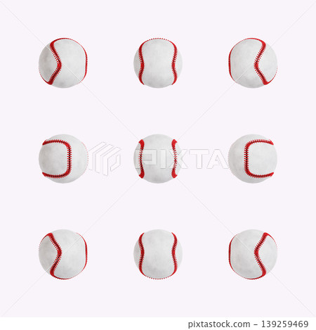 Several baseballs are placed in a 3x3 grid on a light background. Each ball shows various styles and positions, highlighting their familiar design. Several baseballs are placed in a 3x3 grid on a light background. Each ball shows various styles and positions, highlighting their familiar design. 139259469