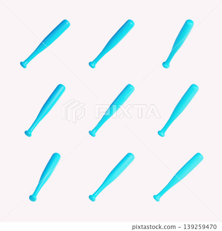Blue baseball bats are arranged in a grid layout on a plain white surface. The scene shows a focus on the bats and their design. Light shines on the bats. Blue baseball bats are arranged in a grid layout on a plain white surface. The scene shows a focus on the bats and their design. Light shines on the bats. 139259470