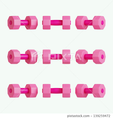Dumbbells in various sizes and forms are placed in three straight rows. The dumbbells are bright pink and stand out against a plain surface. They are used for strength training exercises. 139259472