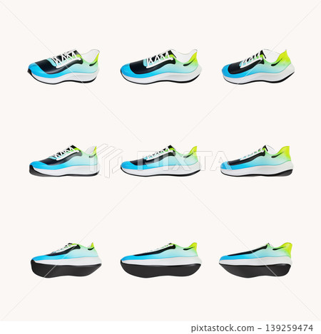 Nine pairs of running shoes with different designs and colors are shown on a light background. Each shoe is displayed from different angles to highlight style and shape. Nine pairs of running shoes with different designs and colors are shown on a light background. Each shoe is displayed from different angles to highlight style and shape. 139259474