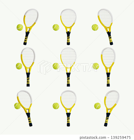 Nine tennis rackets and tennis balls are shown in a grid layout. The rackets have yellow accents, and the balls are bright green. This design can appeal to sports fans. Nine tennis rackets and tennis balls are shown in a grid layout. The rackets have yellow accents, and the balls are bright green. This design can appeal to sports fans. 139259475