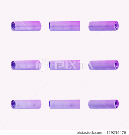 Nine rolls of purple paper are neatly arranged in a grid pattern on a clean white surface. This layout is common in design studios. The scene captures a simple workspace. Nine rolls of purple paper are neatly arranged in a grid pattern on a clean white surface. This layout is common in design studios. The scene captures a simple workspace. 139259476