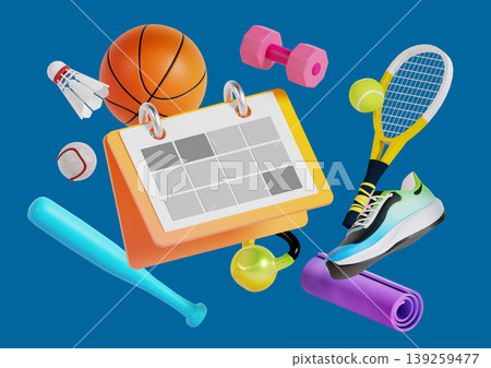 Different types of sports equipment surround a calendar showing empty boxes. Items include a basketball, tennis racket, and weights among others. Bright colors are used for a lively look. Different types of sports equipment surround a calendar showing empty boxes. Items include a basketball, tennis racket, and weights among others. Bright colors are used for a lively look. 139259477