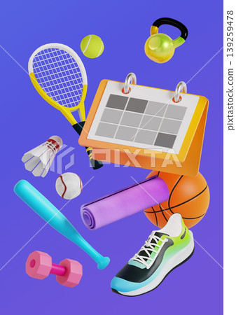 A collection of sports equipment and fitness items is shown on a purple background. There are tennis balls, a racket, a basketball, a calendar, and workout gear scattered across the space. 139259478