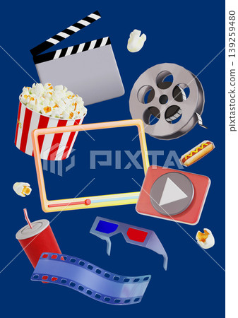 Items for a movie night are shown. There are popcorn, a drink, a film reel, a clapperboard, and a play button. Everything is arranged on a blue background. Items for a movie night are shown. There are popcorn, a drink, a film reel, a clapperboard, and a play button. Everything is arranged on a blue background. 139259480