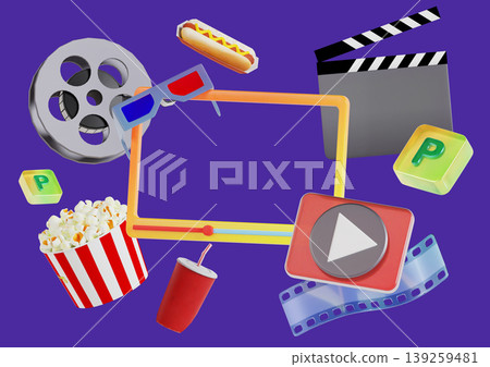 A collection of items for a movie night is displayed on a purple background. There are popcorn, a drink, a film reel, a clapperboard, and video player symbols. This scene shows fun and enjoyment. A collection of items for a movie night is displayed on a purple background. There are popcorn, a drink, a film reel, a clapperboard, and video player symbols. This scene shows fun and enjoyment. 139259481