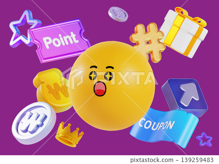A bright yellow ball with a surprised face is in the center. Around it are symbols like stars, gifts, points, and coupons. The background is purple, making the colors stand out clearly. 139259483