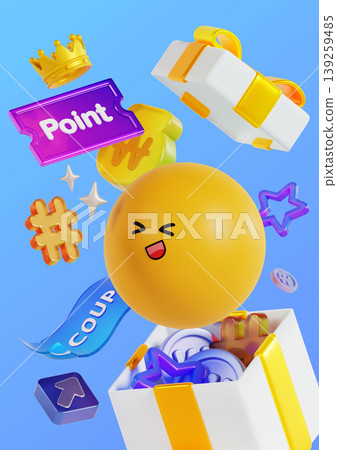 A yellow ball with a smile is surrounded by colorful icons, including stars and coins. A gift box is open with items falling out, creating an energetic scene in a blue background. A yellow ball with a smile is surrounded by colorful icons, including stars and coins. A gift box is open with items falling out, creating an energetic scene in a blue background. 139259485