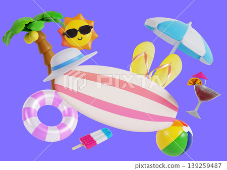 Various beach items are arranged on a bright background. A surfboard with pink stripes is center stage, surrounded by a beach ball, flip flops, and drinks. Various beach items are arranged on a bright background. A surfboard with pink stripes is center stage, surrounded by a beach ball, flip flops, and drinks. 139259487