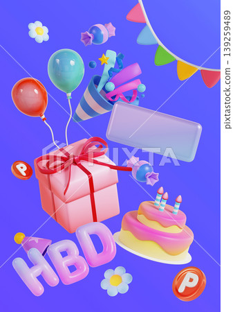 A birthday scene shows a gift box with a ribbon, colorful balloons, a cake with candles, and decorations set against a blue background. It captures the fun of a birthday party. A birthday scene shows a gift box with a ribbon, colorful balloons, a cake with candles, and decorations set against a blue background. It captures the fun of a birthday party. 139259489