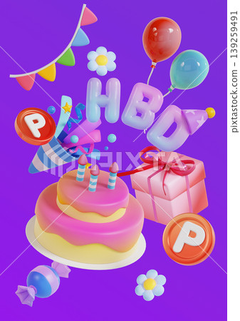 A birthday scene shows a pink cake with candles, bright balloons, a party hat, gifts, and colorful decorations. This setup is vibrant and inviting for a birthday party. A birthday scene shows a pink cake with candles, bright balloons, a party hat, gifts, and colorful decorations. This setup is vibrant and inviting for a birthday party. 139259491