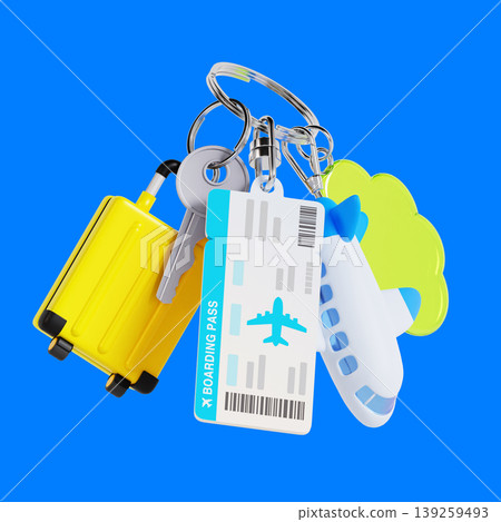 A set of travel accessories includes a yellow suitcase, a boarding pass, and a keychain shaped like a cloud. These items are arranged on a blue background, ready for a trip. A set of travel accessories includes a yellow suitcase, a boarding pass, and a keychain shaped like a cloud. These items are arranged on a blue background, ready for a trip. 139259493