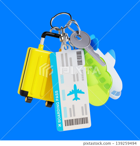 Different travel items are arranged on a blue background. There is a yellow suitcase, a boarding pass with flight details, an airplane keychain, and a key. Different travel items are arranged on a blue background. There is a yellow suitcase, a boarding pass with flight details, an airplane keychain, and a key. 139259494