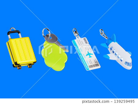 A suitcase, a bright green keychain, a luggage tag, and a small airplane are displayed on a blue background. These items represent travel and adventure. 139259495