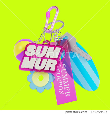 A keychain is shown with various summer-themed charms. The charms include a beach ball, a flower, a key, and a coupon. The background is bright and colorful. A keychain is shown with various summer-themed charms. The charms include a beach ball, a flower, a key, and a coupon. The background is bright and colorful. 139259504