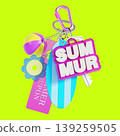 A collection of summer-themed accessories is shown against a bright lime green background. Items include a surfboard, beach ball, keychain, and tags suggesting summer fun. 139259505