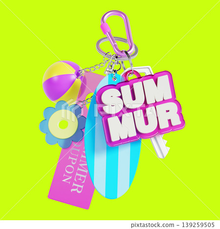 A collection of summer-themed accessories is shown against a bright lime green background. Items include a surfboard, beach ball, keychain, and tags suggesting summer fun. A collection of summer-themed accessories is shown against a bright lime green background. Items include a surfboard, beach ball, keychain, and tags suggesting summer fun. 139259505