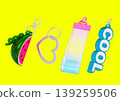 Four keychains are displayed on a yellow background. They include a watermelon slice, a heart, a transparent tag, and the word COOL in bold letters. Each has a clip for attachment. 139259506