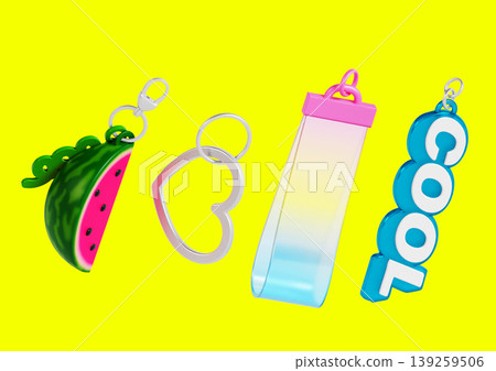 Four keychains are displayed on a yellow background. They include a watermelon slice, a heart, a transparent tag, and the word COOL in bold letters. Each has a clip for attachment. Four keychains are displayed on a yellow background. They include a watermelon slice, a heart, a transparent tag, and the word COOL in bold letters. Each has a clip for attachment. 139259506