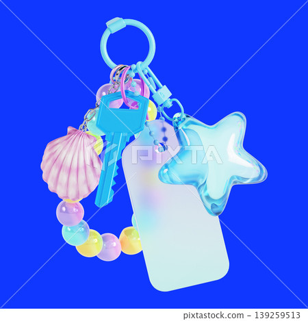 A keychain hangs against a bright blue background. It has colorful beads, a shell, a star charm, and a key. This scene shows a playful mix of items. 139259513