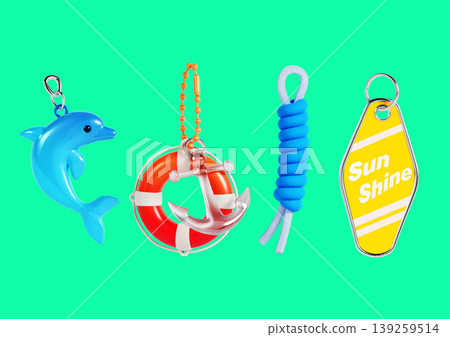 Four keychains display playful designs against a bright green background. The items include a dolphin, a lifebuoy, a rope, and a tag that says Sun Shine. 139259514