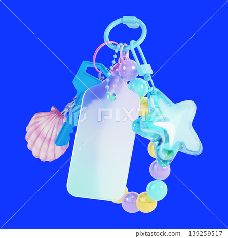 A set of colorful charms including a shell and a star is attached to a keychain. The background is bright blue, making the keychain stand out clearly. A set of colorful charms including a shell and a star is attached to a keychain. The background is bright blue, making the keychain stand out clearly. 139259517