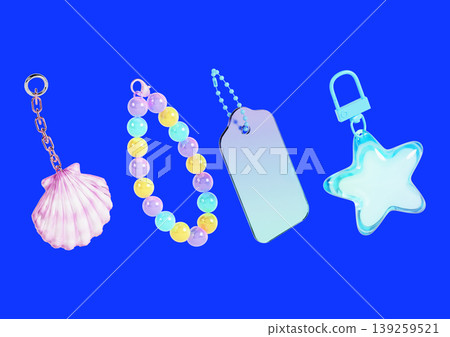 Various keychains and charms are shown on a blue background. They include a shell, a bead bracelet, a tag, and a star shape. Each item has a distinct design and color. 139259521
