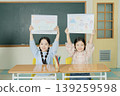 Two children hold up their drawings proudly in a classroom. They sit at desks with colored pencils while a blackboard is behind them. It is during school hours. 139259598