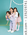 Three kids stand together with smiles. One child is in front with arms around the others. They wear casual clothing and stand on a light blue floor. The background has simple lines. 139259741