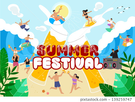 People enjoy the summer festival at the beach. They eat, drink, dance, and play games. Friends share laughter and good times while soaking up the sun by the waves. 139259747