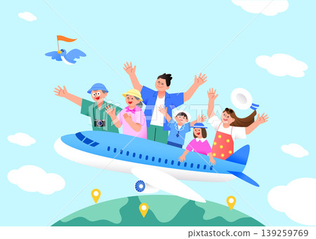 People are happily waving from a plane in the sky. They are enjoying a fun trip together above a green hill with a few clouds around them. 139259769