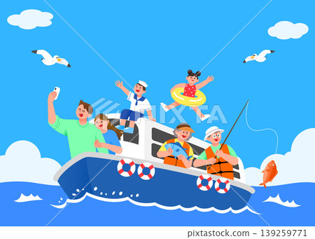 A group of people takes pictures and catches fish on a boat in the sea. Children play and smile while enjoying a fun day with their family. Birds are flying overhead in the blue sky. A group of people takes pictures and catches fish on a boat in the sea. Children play and smile while enjoying a fun day with their family. Birds are flying overhead in the blue sky. 139259771