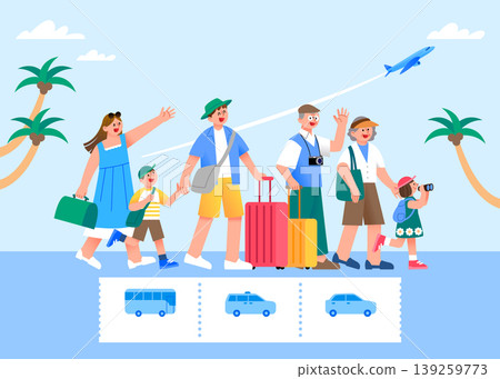 A family is walking together on a street. They carry luggage and wave at the camera. Palm trees are in the background. An airplane can be seen flying above them. A family is walking together on a street. They carry luggage and wave at the camera. Palm trees are in the background. An airplane can be seen flying above them. 139259773