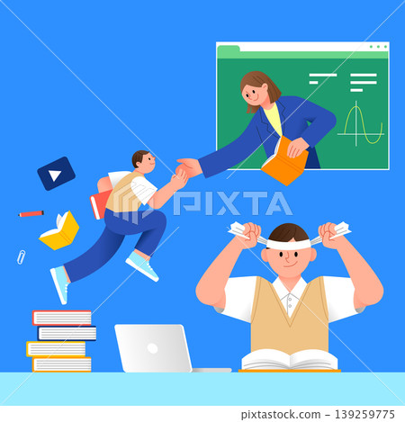 Two students are seen in a virtual classroom setting. One student shakes hands with a teacher on the computer screen while another student looks stressed preparing for a presentation at home. Two students are seen in a virtual classroom setting. One student shakes hands with a teacher on the computer screen while another student looks stressed preparing for a presentation at home. 139259775