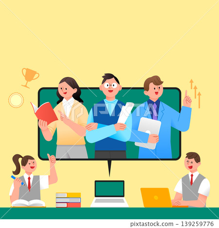 A group of teachers and students is participating in a virtual class. The teachers hold books and materials while the students take notes and work on their computers. 139259776