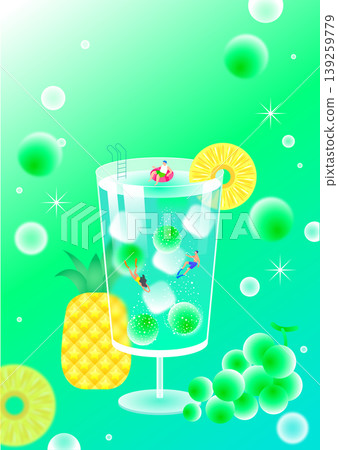 A large glass is filled with a drink and fruits. Inside the glass, small figures swim and play. The scene captures summer joy with bright colors and fun elements like a pool and fruits nearby. A large glass is filled with a drink and fruits. Inside the glass, small figures swim and play. The scene captures summer joy with bright colors and fun elements like a pool and fruits nearby. 139259779