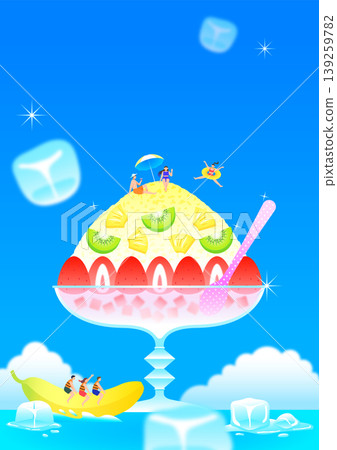 A tall glass is filled with ice and fruit like bananas, kiwi, and strawberries. People enjoy the sweet dessert while the sun shines in the park with a bright blue sky. A tall glass is filled with ice and fruit like bananas, kiwi, and strawberries. People enjoy the sweet dessert while the sun shines in the park with a bright blue sky. 139259782