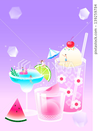 Drinks and desserts are arranged together. One drink has ice cream and a cherry on top. Another features small figures in a pool. Bright colors show a cheerful summer day. Drinks and desserts are arranged together. One drink has ice cream and a cherry on top. Another features small figures in a pool. Bright colors show a cheerful summer day. 139259784