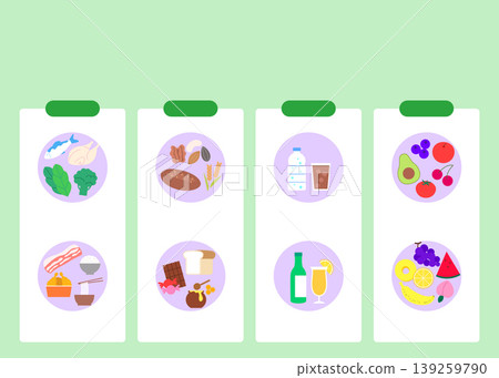 Different food items and drinks are shown in a clear layout. Categories include fruits, vegetables, snacks, and beverages. Each item is represented by an icon on a light green background. Different food items and drinks are shown in a clear layout. Categories include fruits, vegetables, snacks, and beverages. Each item is represented by an icon on a light green background. 139259790