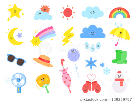 A collection of cute weather-related symbols features the sun, clouds, a rainbow, and several items like sunglasses and umbrellas. This design is colorful and appealing for all ages. A collection of cute weather-related symbols features the sun, clouds, a rainbow, and several items like sunglasses and umbrellas. This design is colorful and appealing for all ages. 139259797